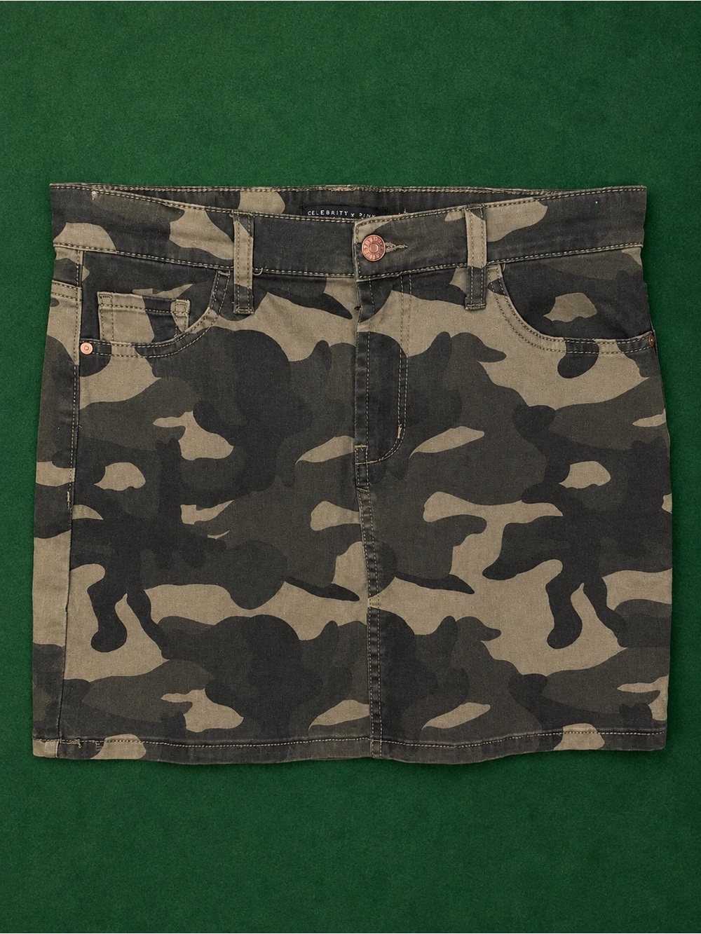 Celebrity Pink Olive & Black Camo Denim Mini Skirt